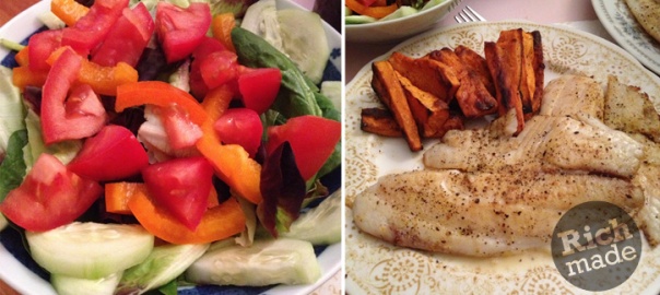 Richmade Dinner: Lemon Pepper Tilapia and Baked Sweet Potato Fries with Salad
