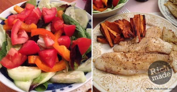 Richmade Dinner: Lemon Pepper Tilapia and Baked Sweet Potato Fries with Salad